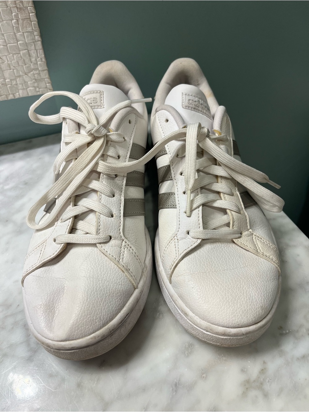 adidas White Leather Sneakers with Gray Stripes